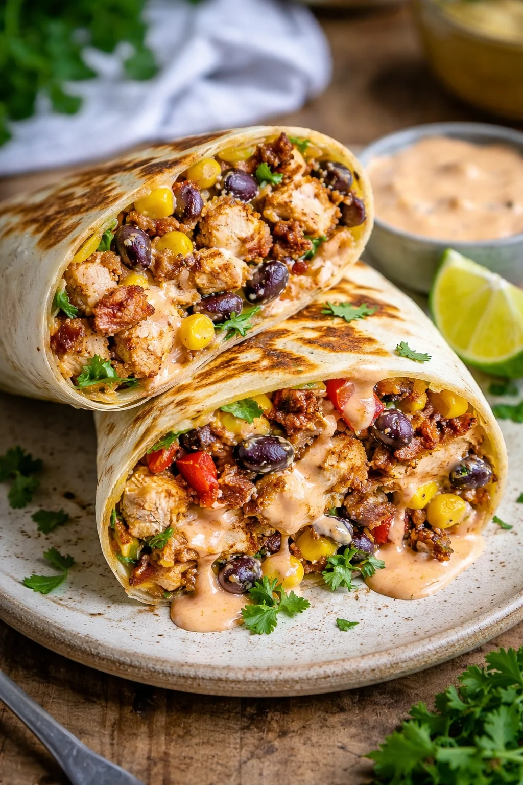 Two grilled burritos sliced open, showing chicken, beans, corn, and cilantro in a creamy sauce.