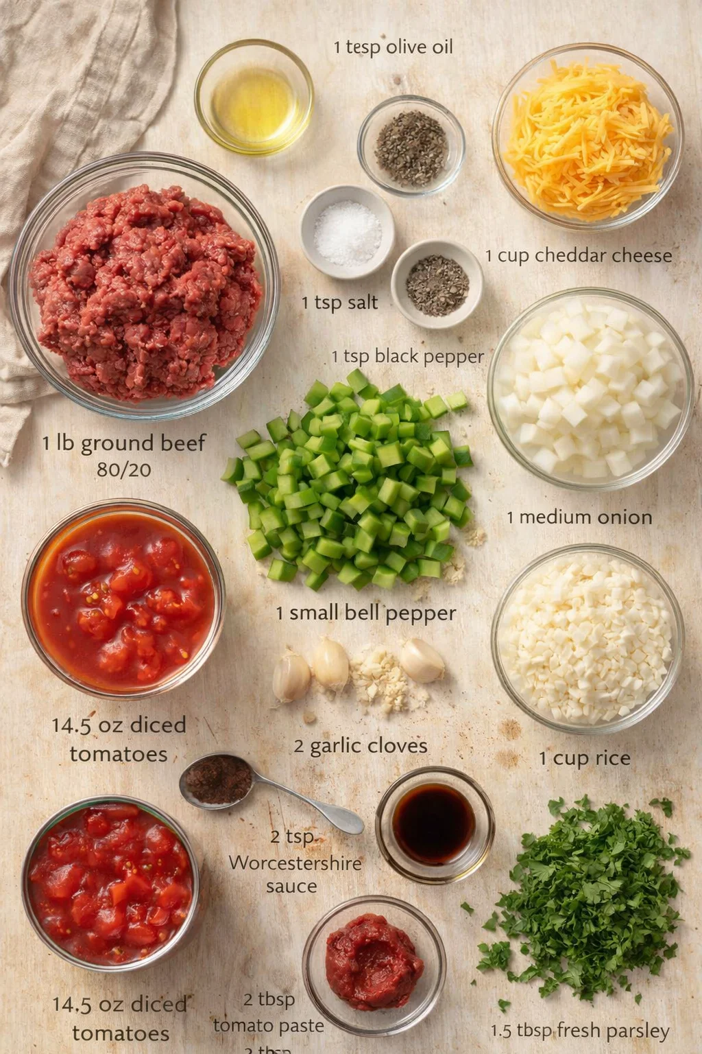 Top-down view of ingredients for stuffed peppers arranged in bowls on a wooden surface