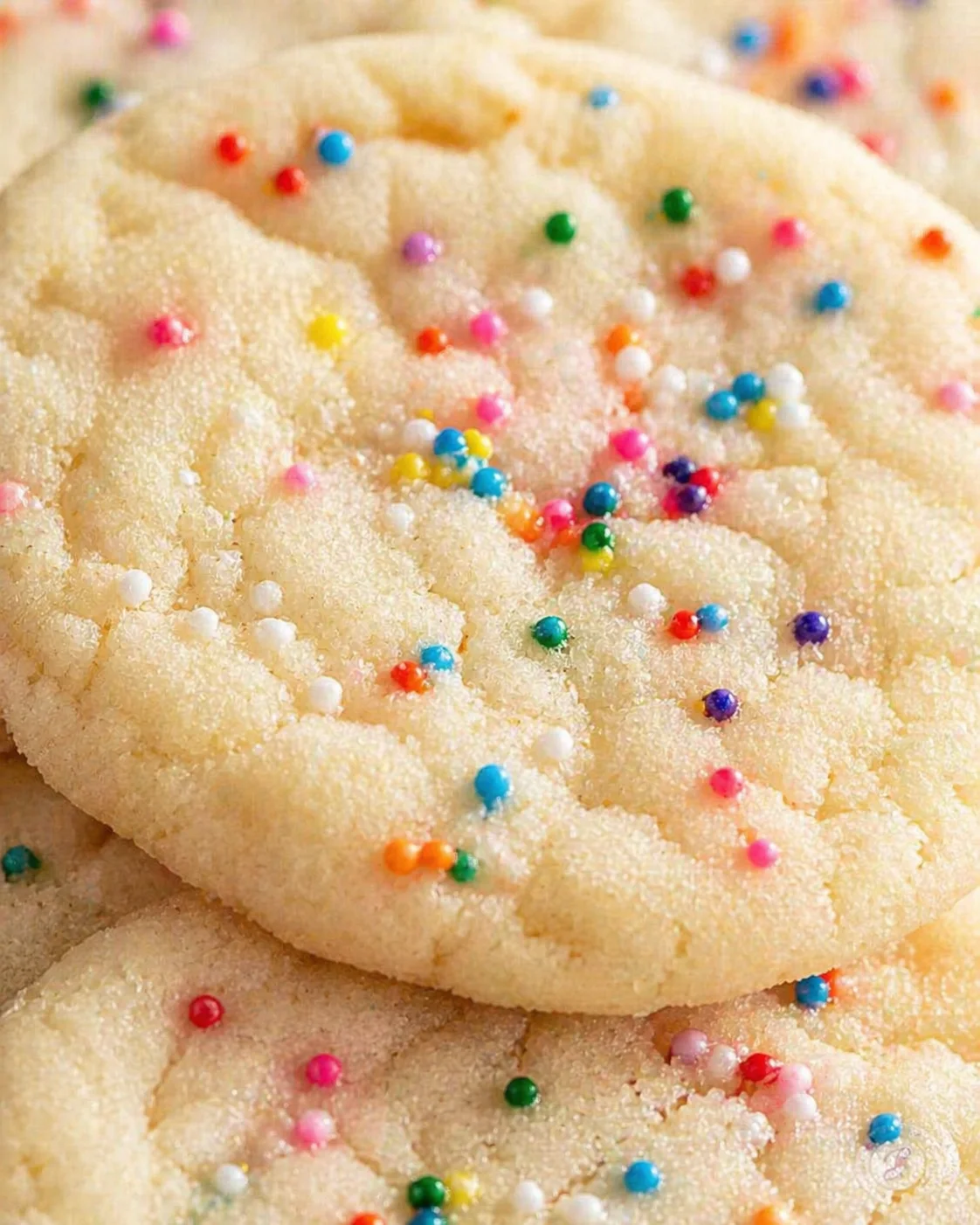 Close-up of pale sugar cookies topped with colorful sprinkles