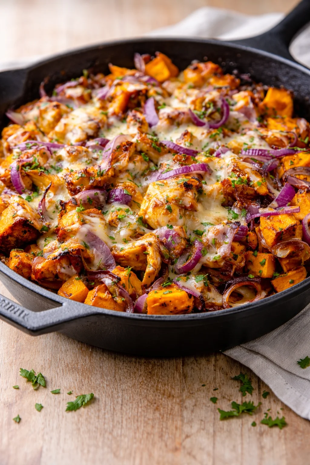 Cast-iron skillet filled with roasted sweet potatoes, onions, and melted cheese, garnished with parsley on a wooden table