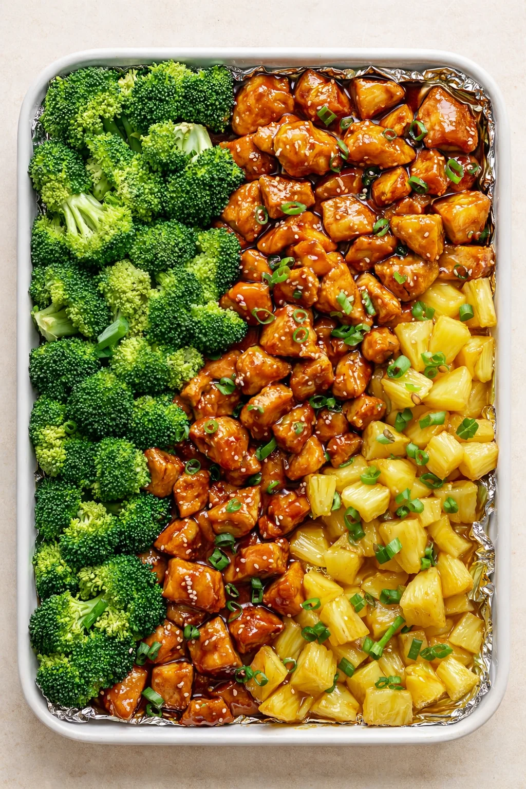 sheet pan with broccoli on left, teriyaki chicken center, pineapple right