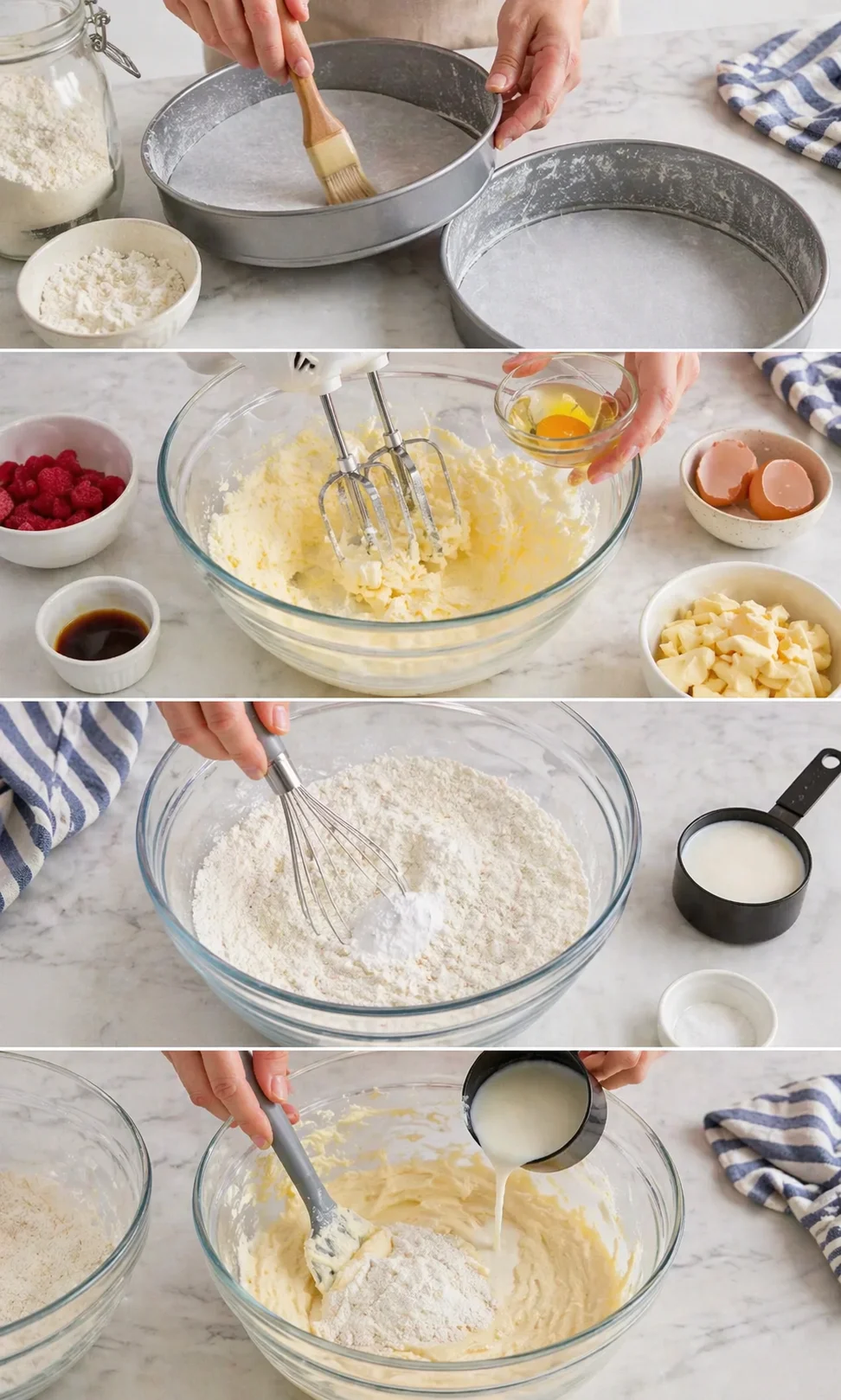 Collage of cake-batter steps: pans with batter, mixing butter and eggs, and whisking dry ingredients.