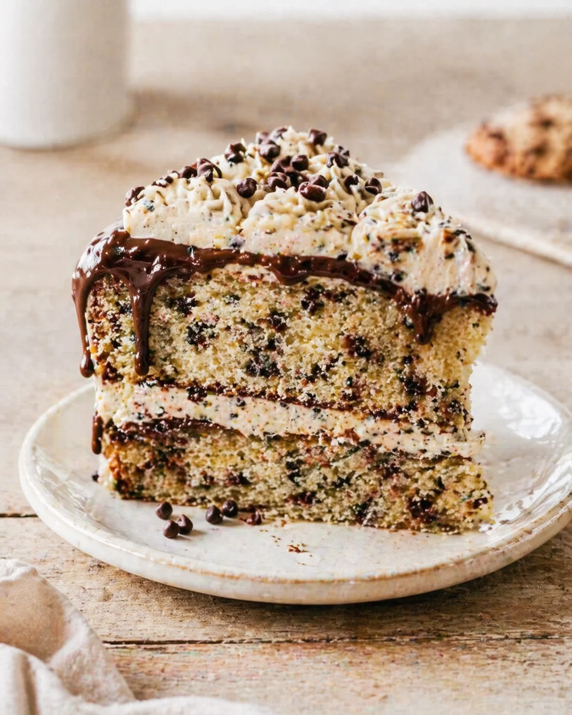 Slice of vanilla cake with chocolate chips, cream frosting, and glossy chocolate drizzle on a plate.