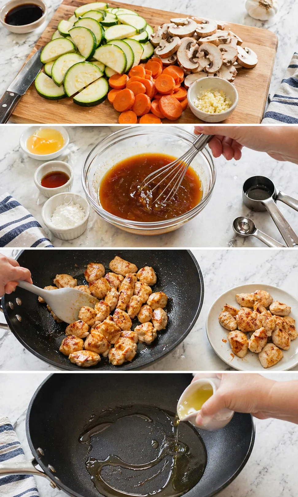 collage showing prep steps: sliced zucchini and carrots, mushrooms, whisked sauce, and sauteing chicken.
