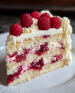 Slice of white chocolate raspberry dream cake with fresh raspberries and cream