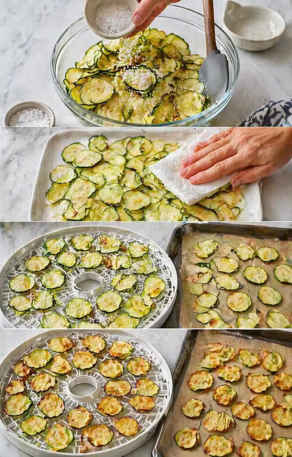 collage of zucchini slices salted, arranged on a tray, and drying on racks