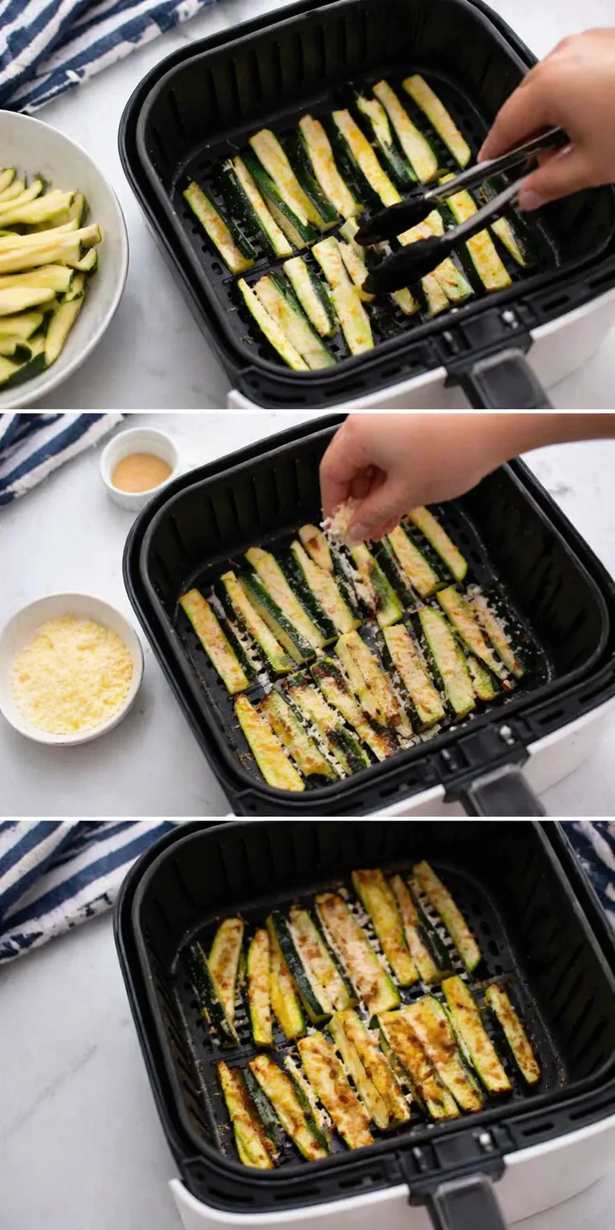 Zucchini sticks arranged in an air fryer basket during a step-by-step cooking process.
