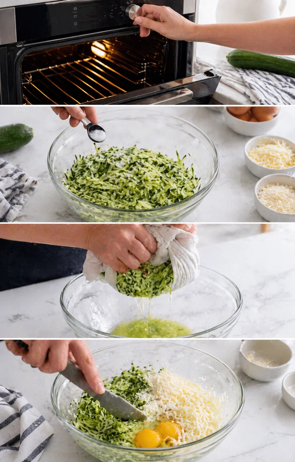 Hands squeeze shredded zucchini in a towel above a glass mixing bowl; eggs and cheese nearby.