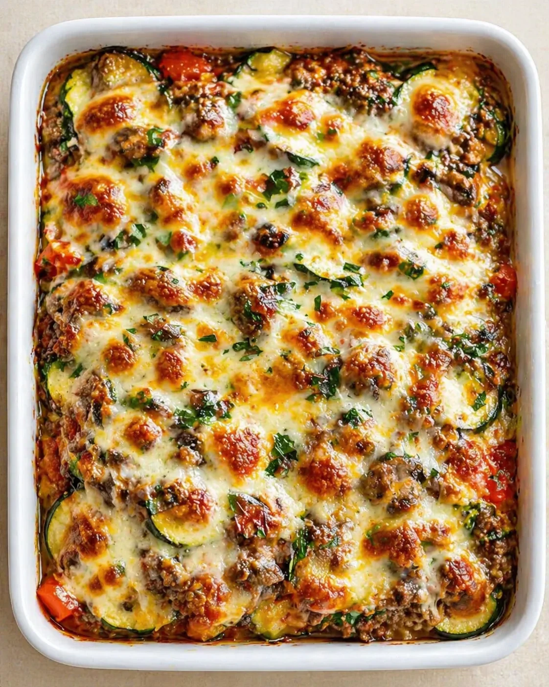 White rectangular baking dish filled with a bubbling cheesy bake featuring zucchini slices, browned cheese, and herbs.