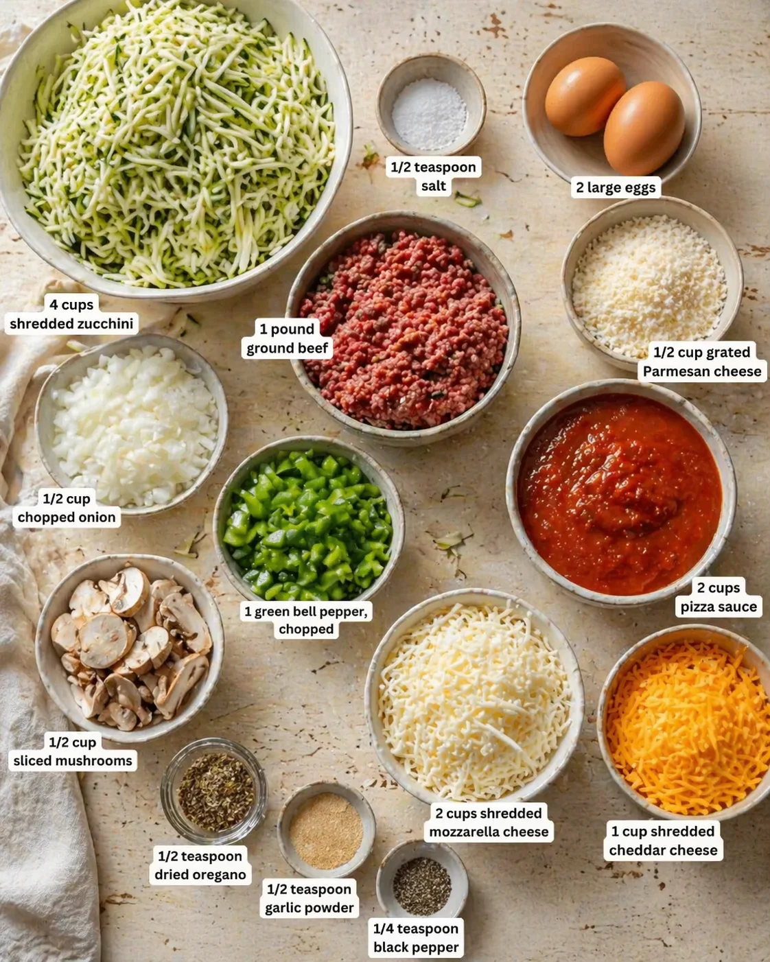 Overhead view of ingredient bowls for zucchini lasagna with vegetables and cheeses.