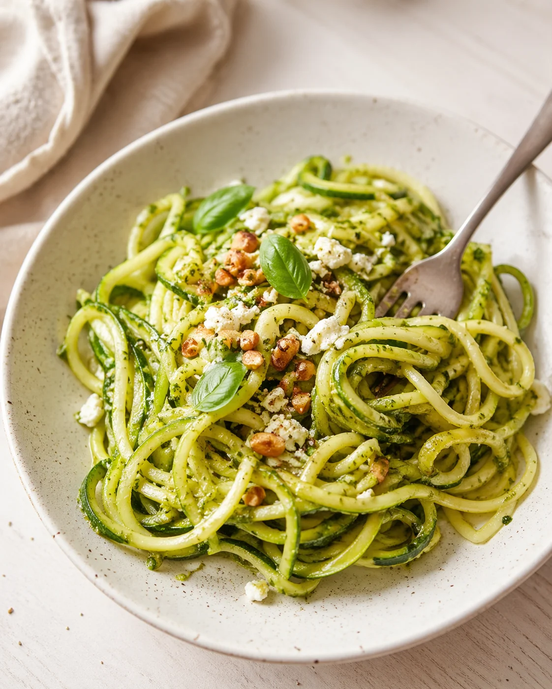 Bowl of zucchini noodles with pesto, feta, pine nuts, and basil leaves.