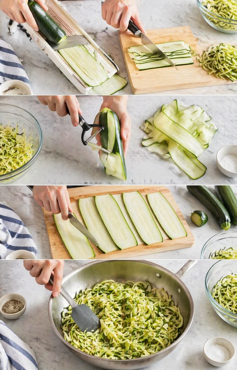 Collage showing zucchini ribbons being shaved and sautéed into noodles on a marble counter.
