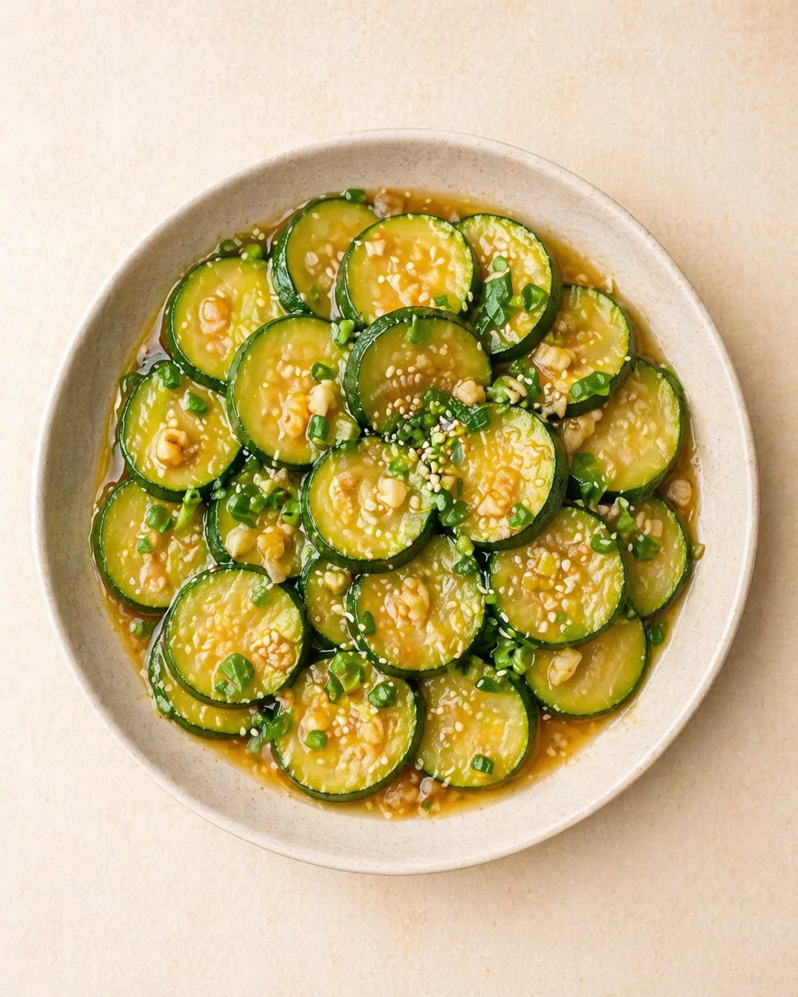 Sliced zucchini in a glossy sesame-soy dressing, topped with sesame seeds and chopped green onions