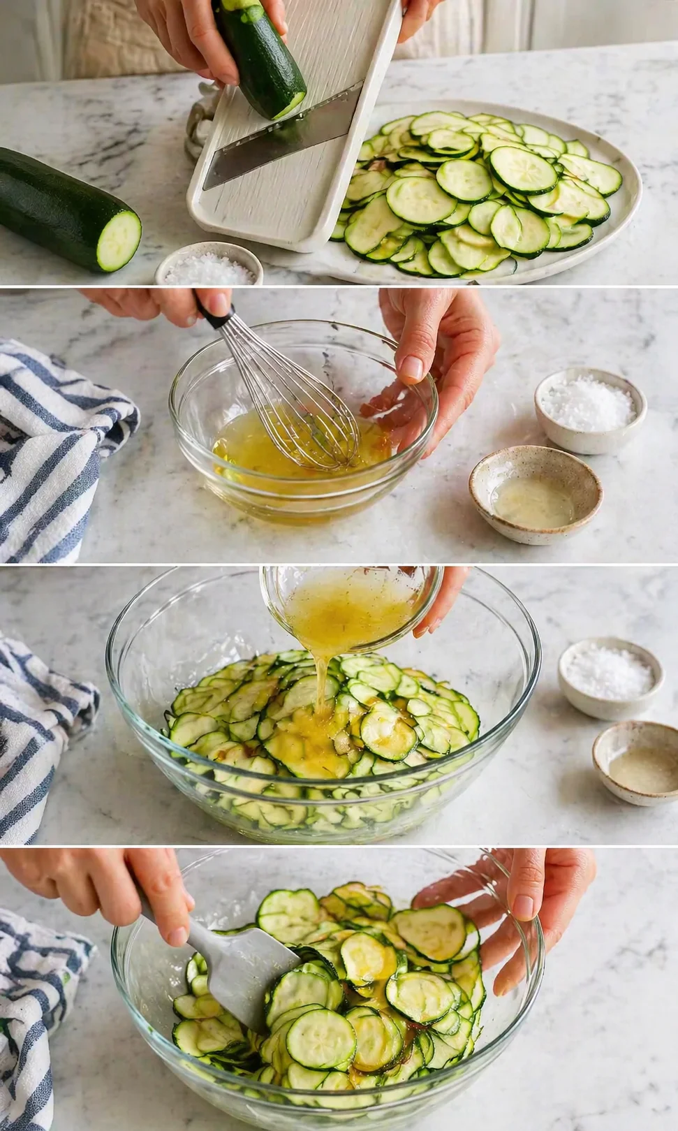 Collage of zucchini prep: slicing rounds, whisking eggs, and coating slices in egg mixture.
