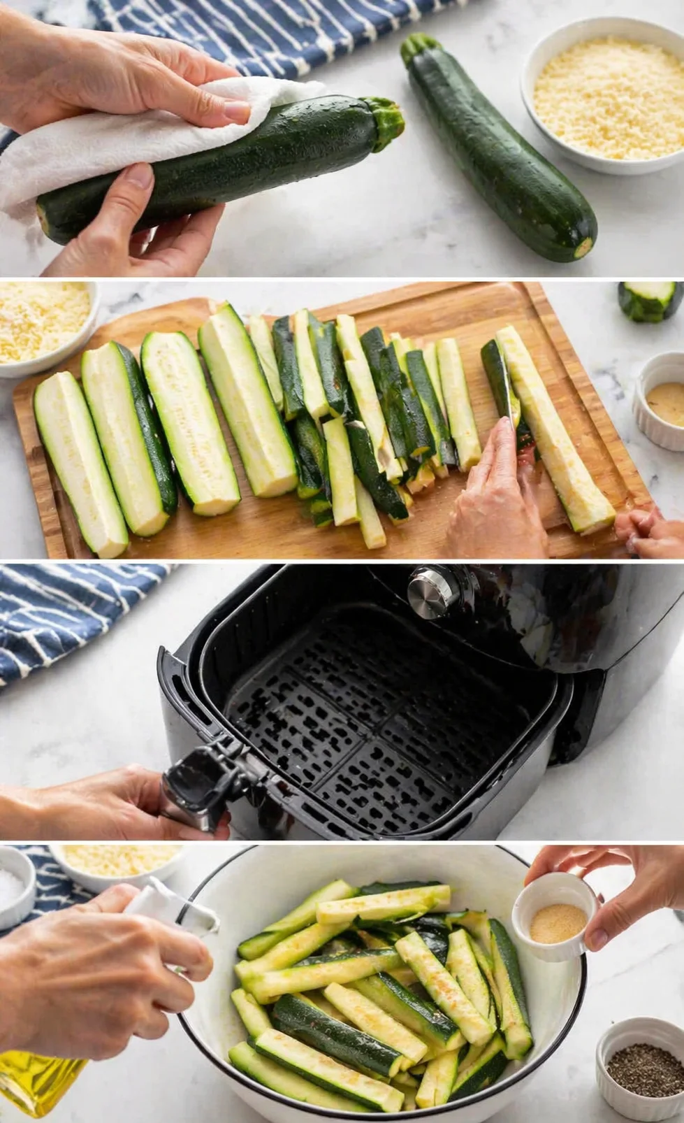 collage of zucchini prep steps: wiping, cutting into sticks, and placing for air frying.