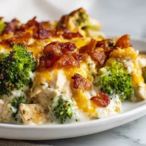 A golden-baked chicken casserole in a white baking dish, filled with broccoli florets, crispy bacon, melted cheddar and mozzarella cheese, perfect for a cozy low carb dinner.