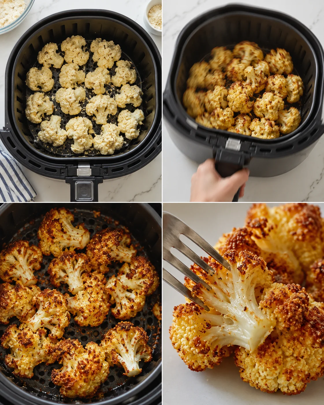 Progression collage of cauliflower florets in an air fryer, from raw to crispy browned