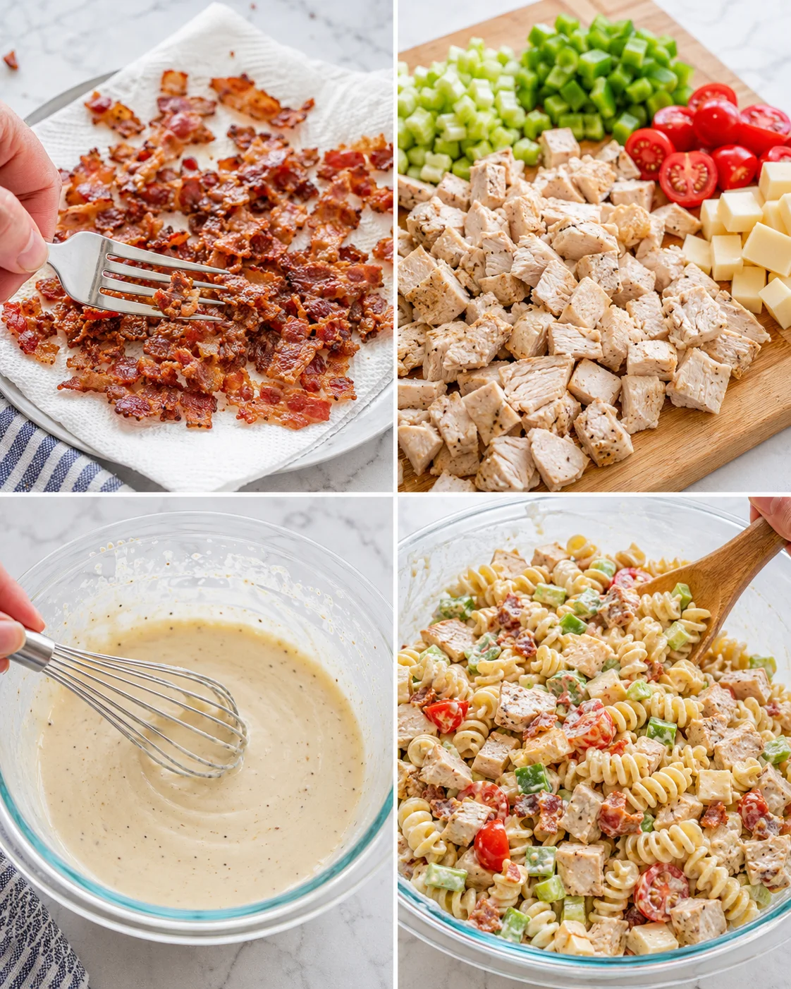 collage of bacon bits, diced chicken, chopped vegetables, whisking dressing, and creamy chicken pasta salad.