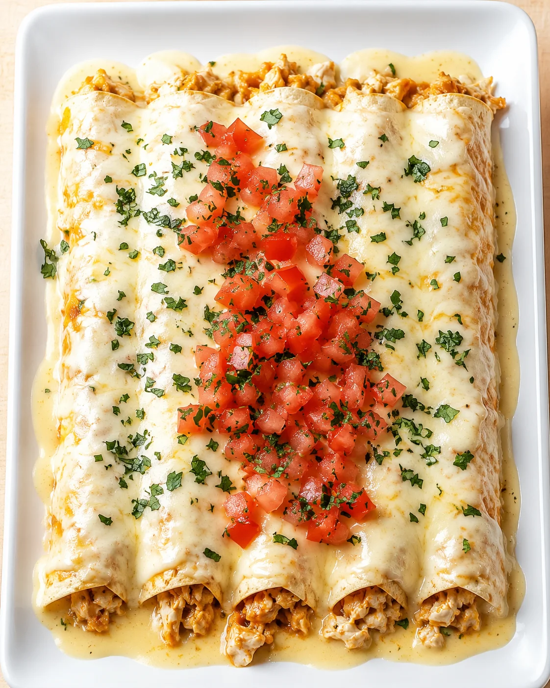 baked enchiladas covered in melted cheese, topped with diced tomatoes and chopped cilantro in a white baking dish