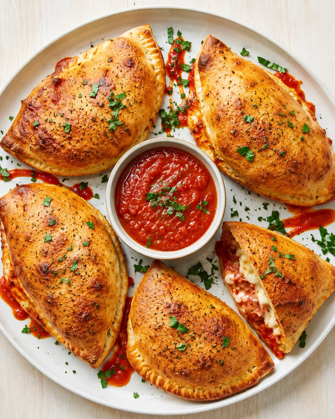 Golden-brown empanadas arranged around a bowl of red marinara on a white plate