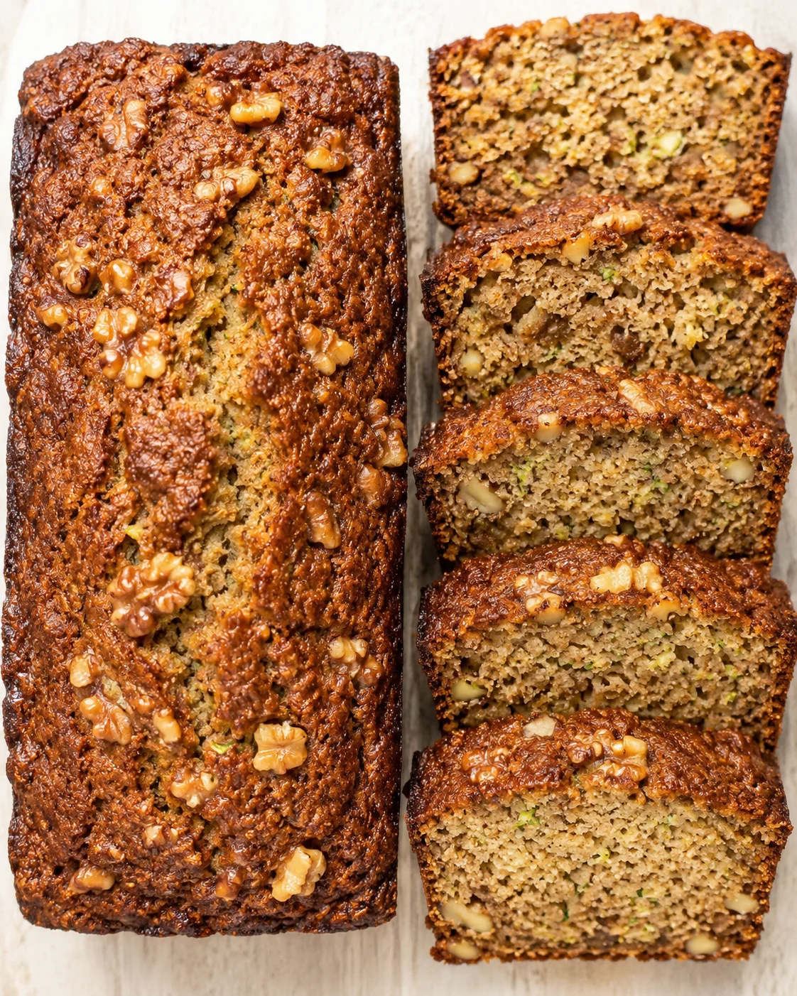 loaf of banana-walnut bread sliced into thick pieces, showing a moist crumb with walnuts.