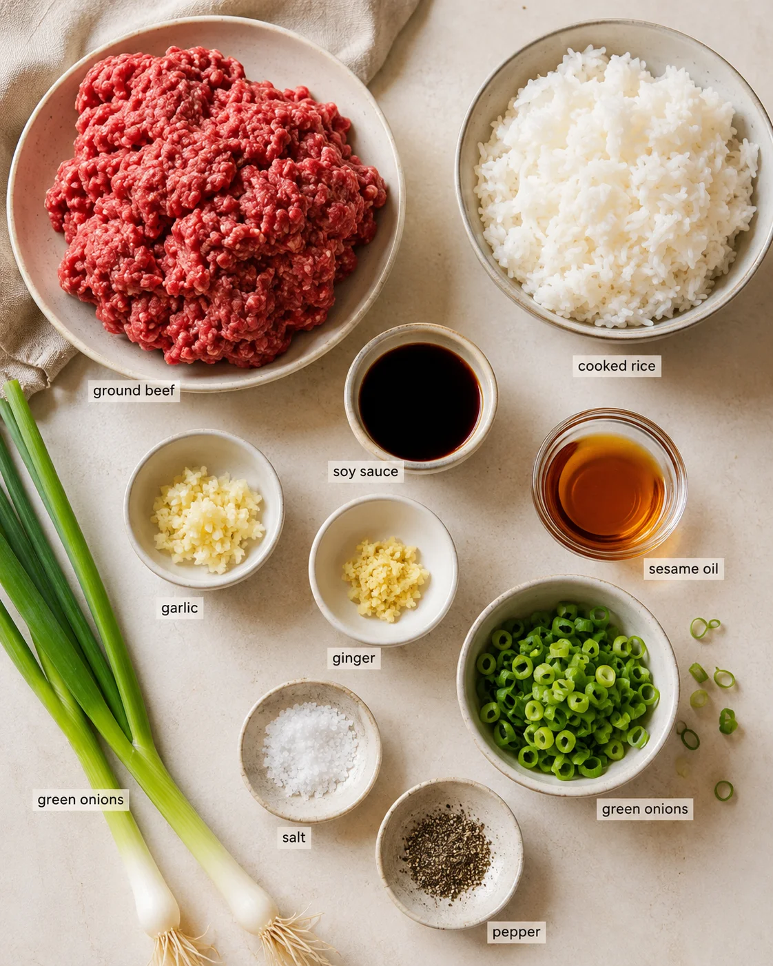 overhead view of ground beef, rice, and seasonings arranged in bowls with label tags
