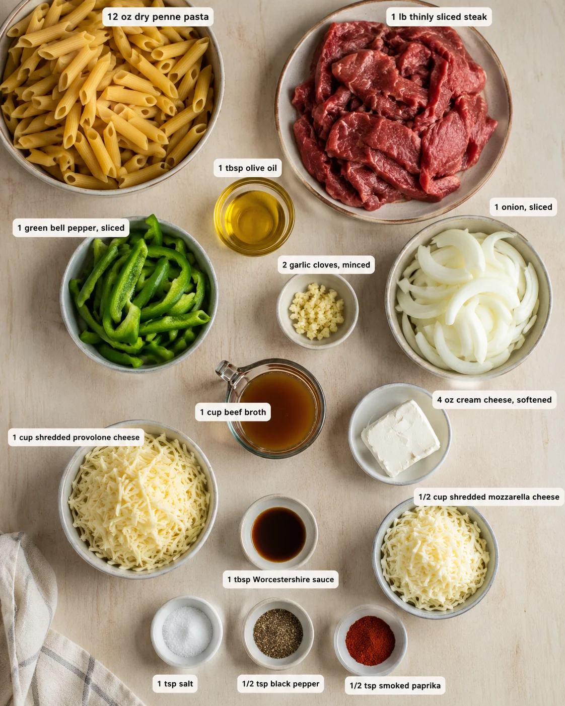 top-down view of pasta, beef, vegetables, and cheeses with labeled ingredients for a recipe