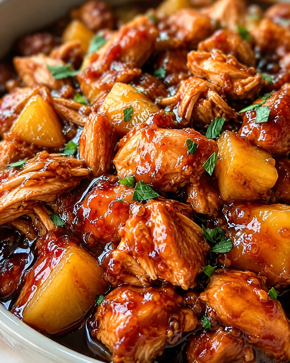 Chunky braised chicken and potatoes in glossy red glaze, garnished with parsley.