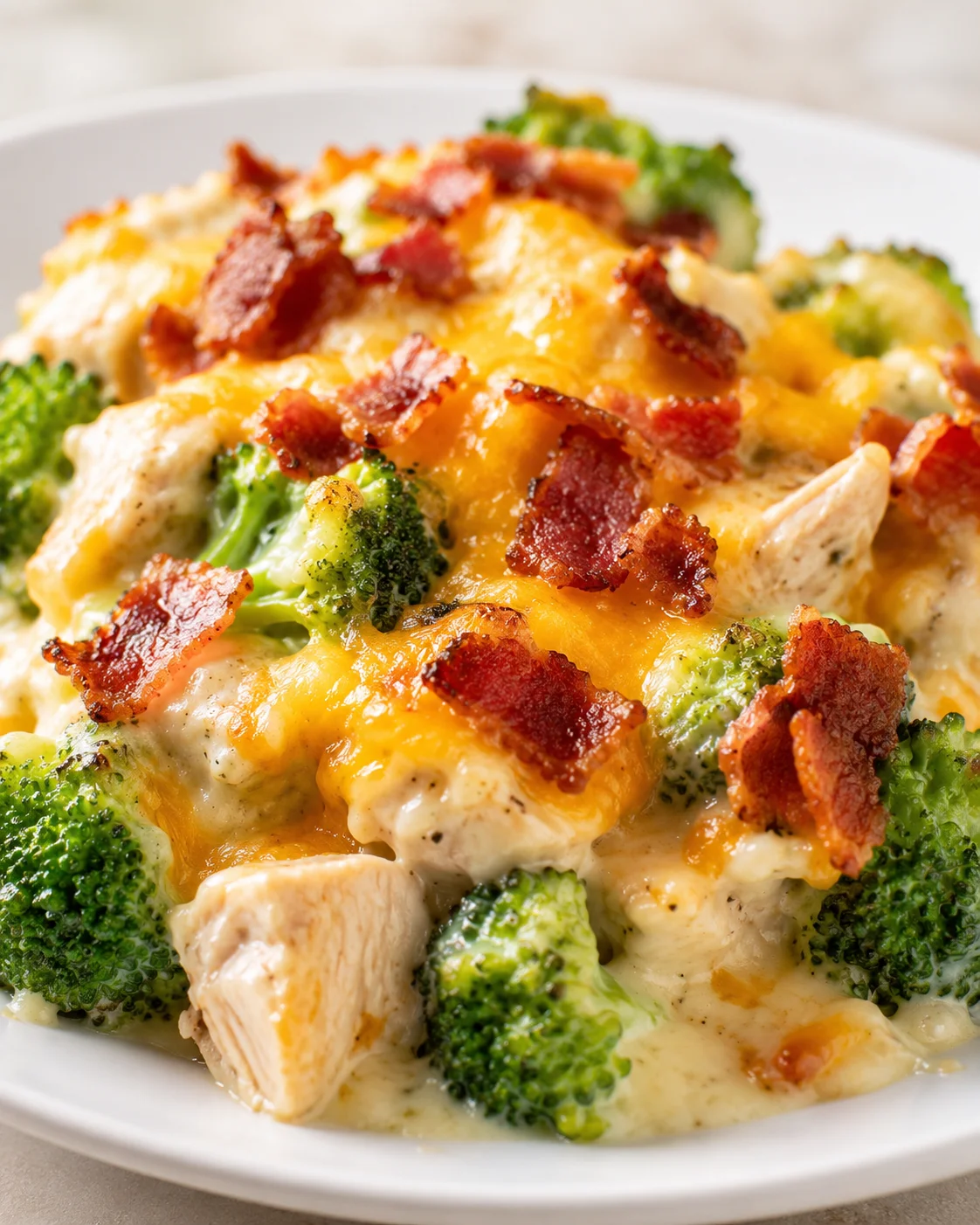 Close-up of a creamy broccoli-cheese chicken bake with crispy bacon on a white plate.