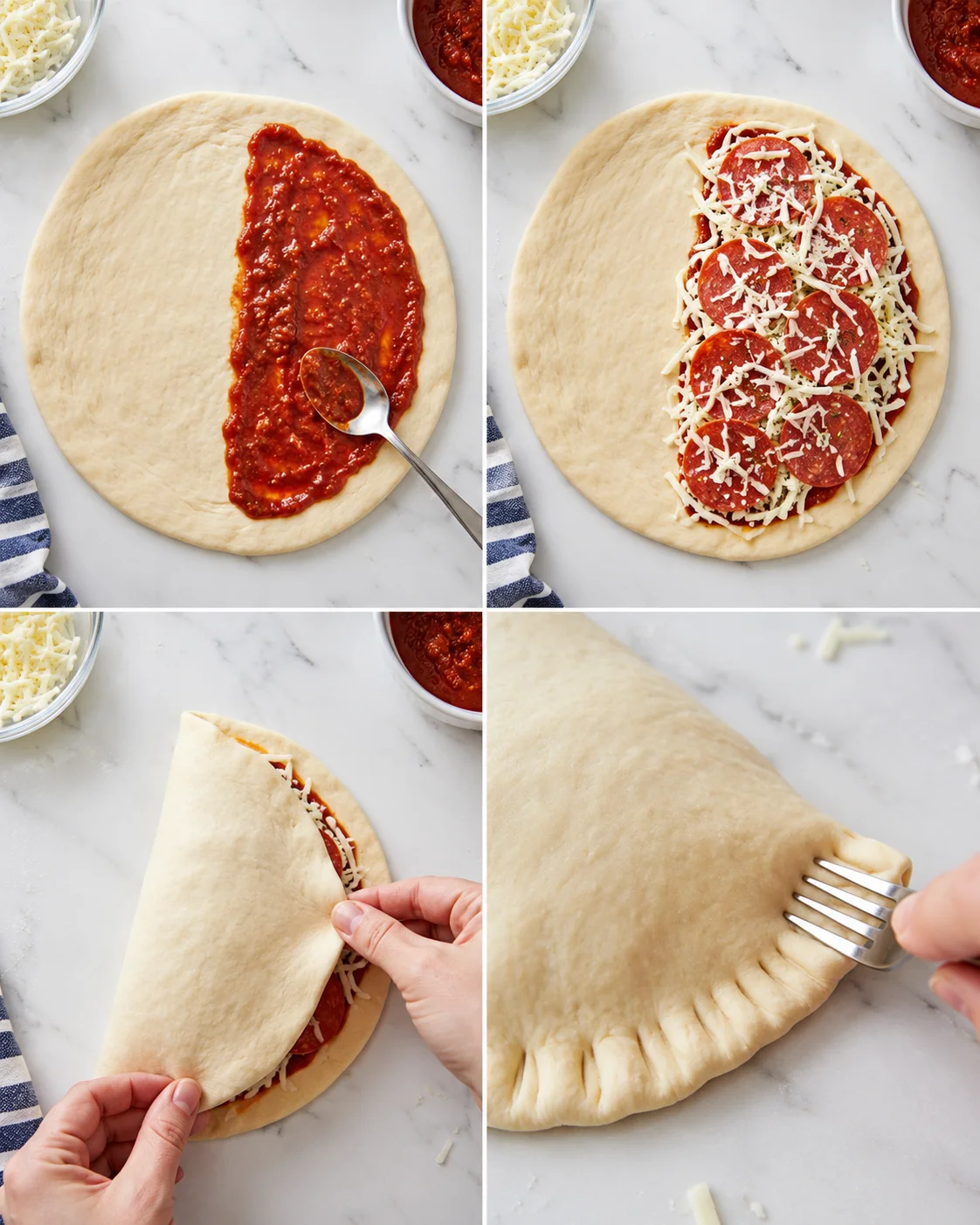 Collage showing calzone making: sauce spread, pepperoni slices, cheese, folding dough, crimped edge