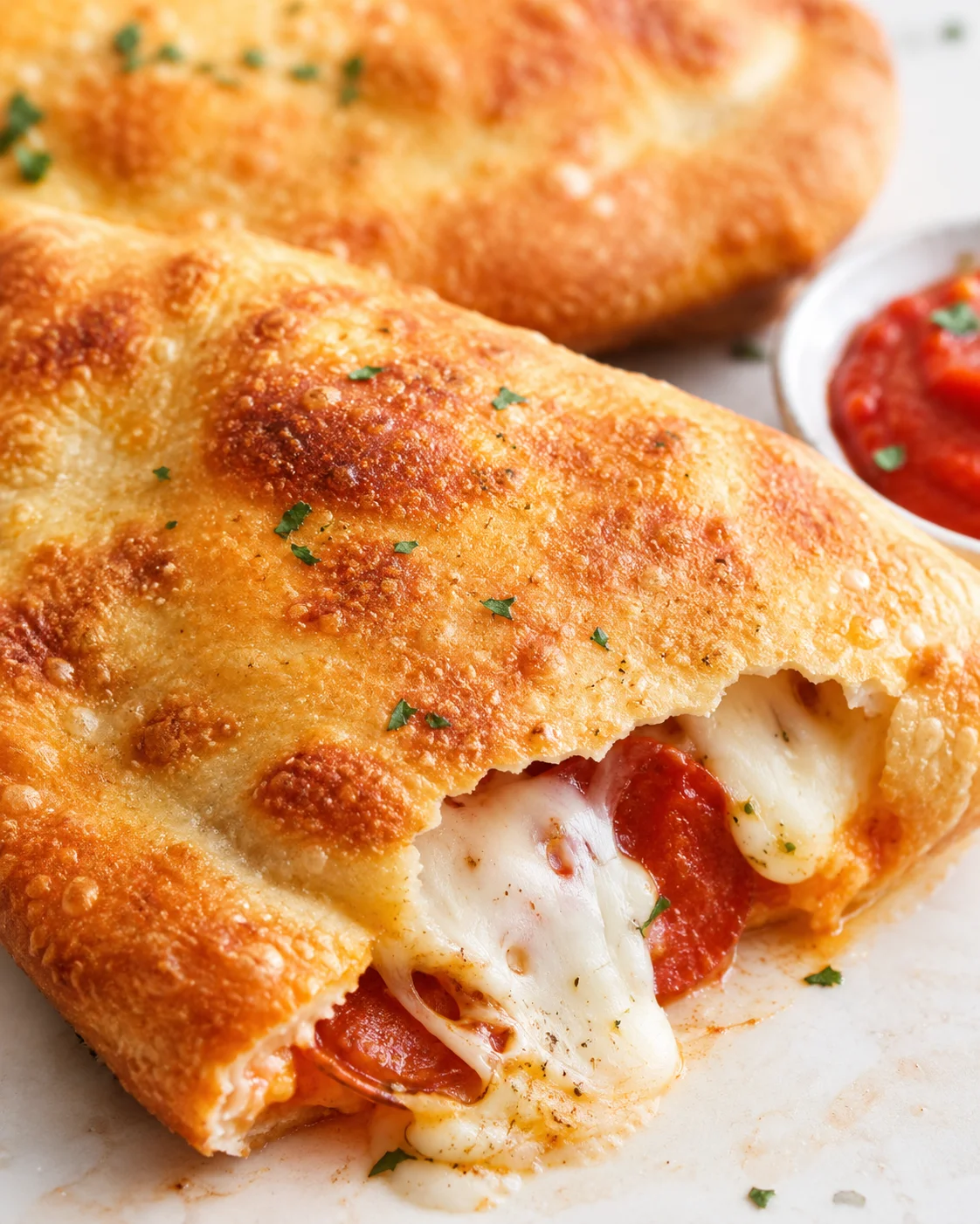 Golden-brown calzone with melted mozzarella and pepperoni, served with marinara sauce.