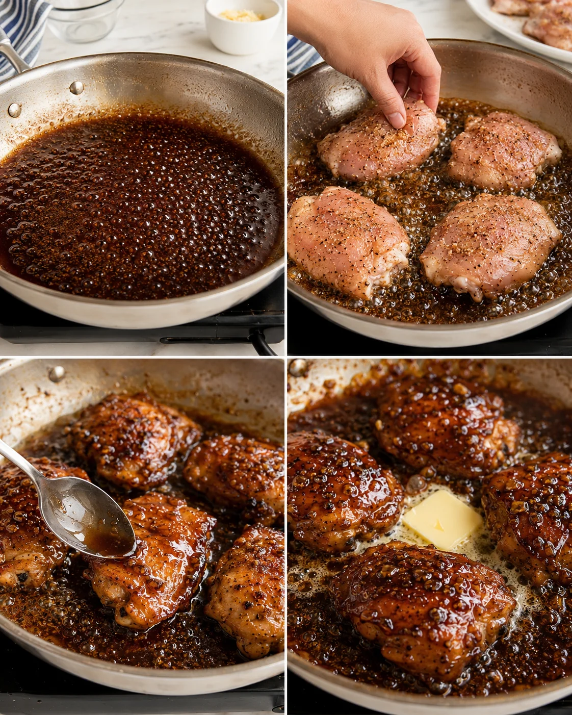 four-panel collage showing chicken thighs browning in a dark caramel glaze in a skillet