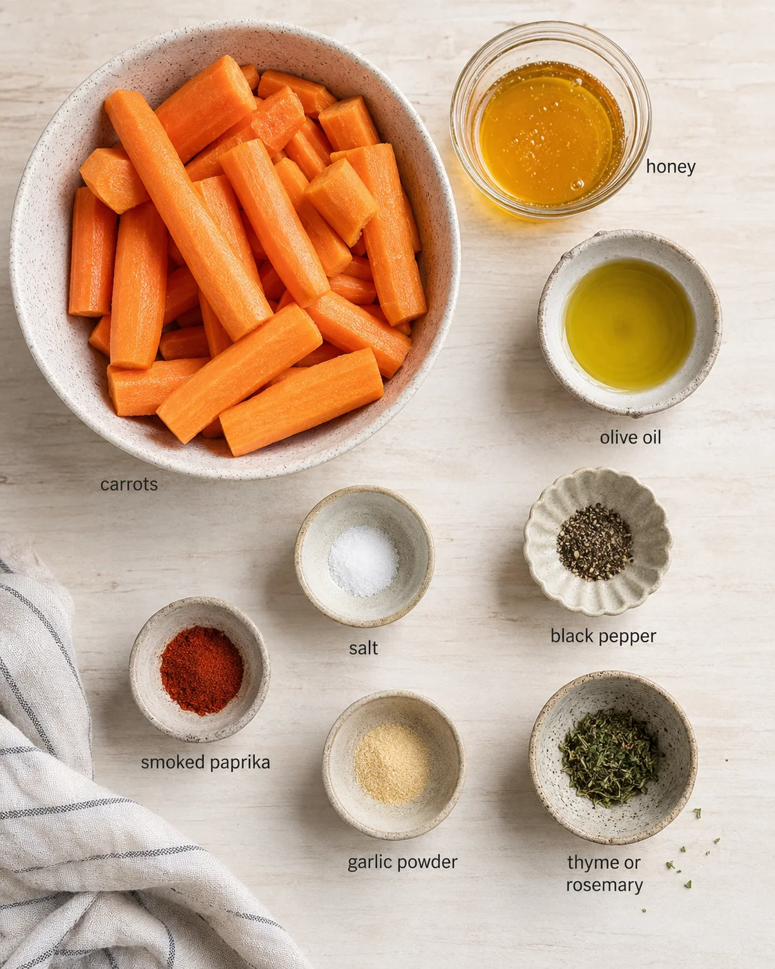 top-down view of carrot sticks with honey, olive oil, and spices on a light wooden surface