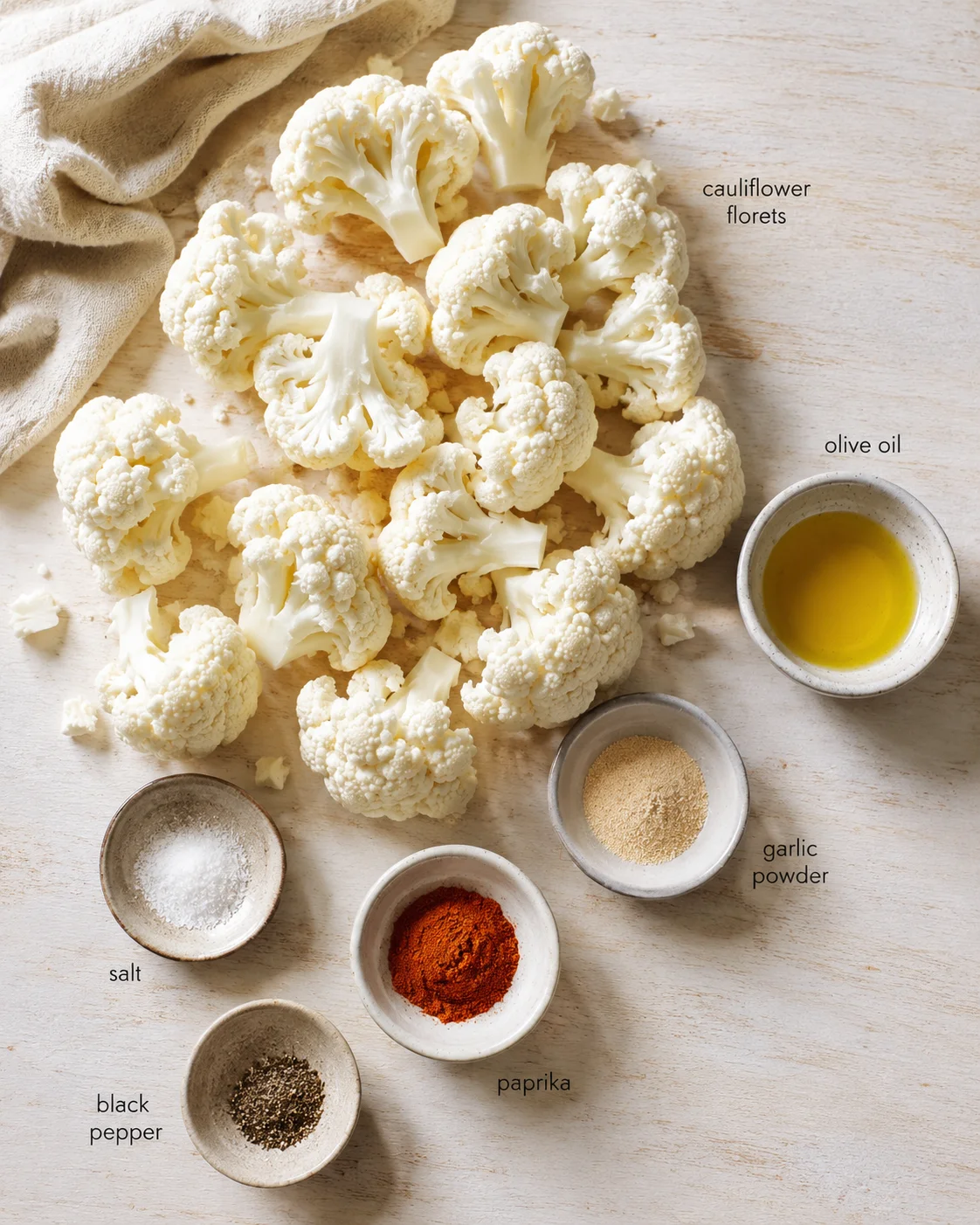 Flat lay of cauliflower florets with bowls of olive oil and spices on a light wooden surface.