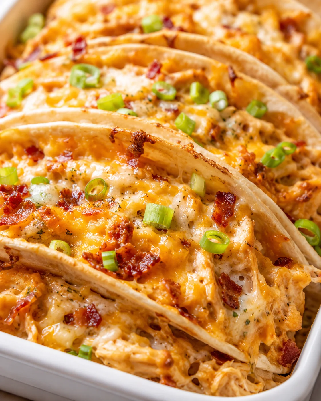 close-up of cheesy bacon quesadilla slices topped with green onions in a white baking dish