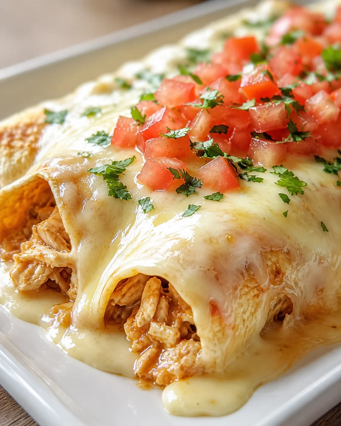 Close-up of cheesy chicken enchiladas topped with diced tomatoes and cilantro.