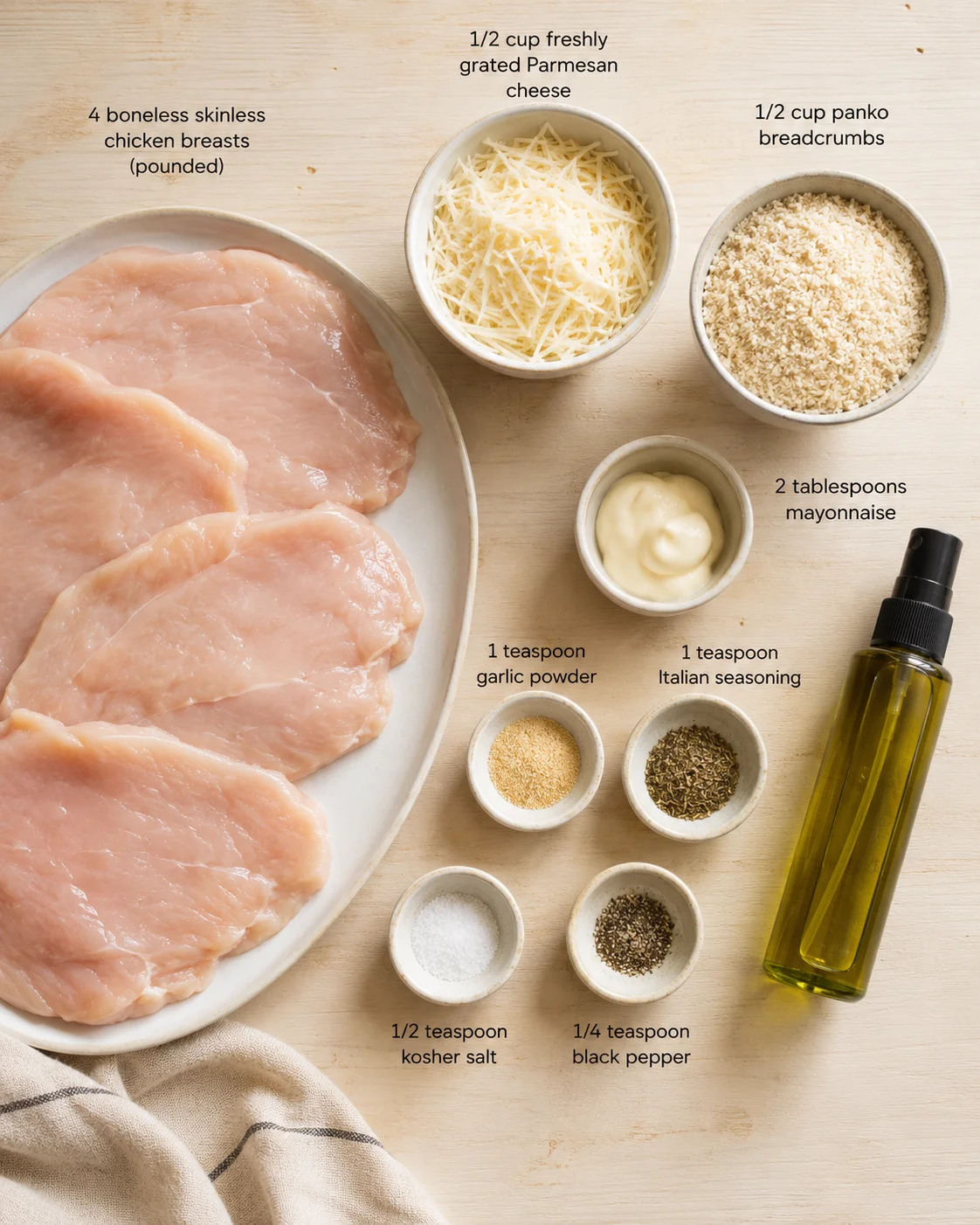 Raw chicken breasts on a white plate with bowls of parmesan cheese, breadcrumbs, mayo, and spices on a light wooden surface.