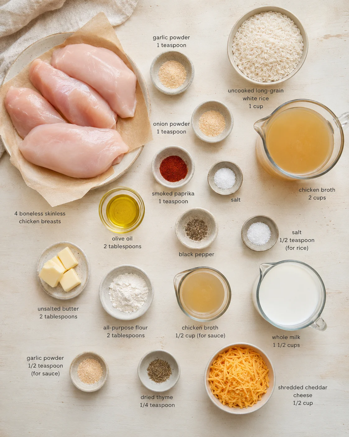 overhead view of raw chicken breasts with labeled spices and liquids arranged on a light countertop