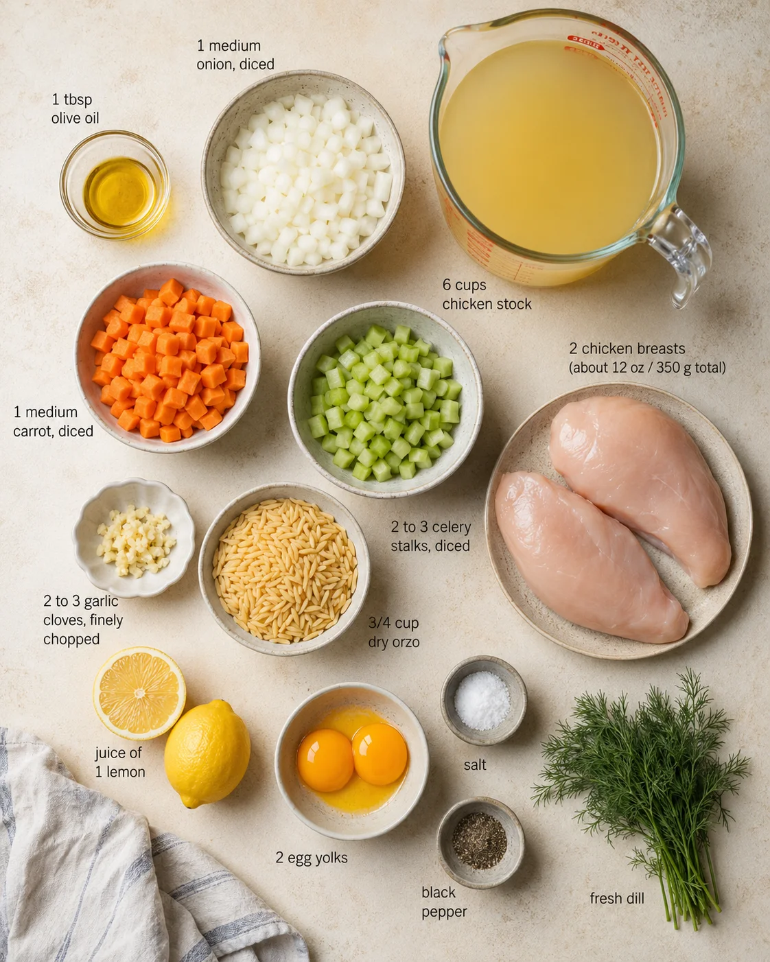 Top-down flat lay of chicken, vegetables, orzo, and stock with measurement labels.