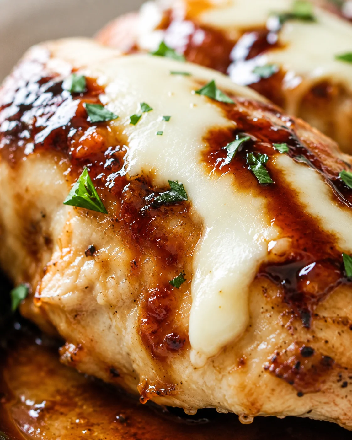 close-up of chicken parmesan with melted mozzarella, tomato sauce, and chopped parsley