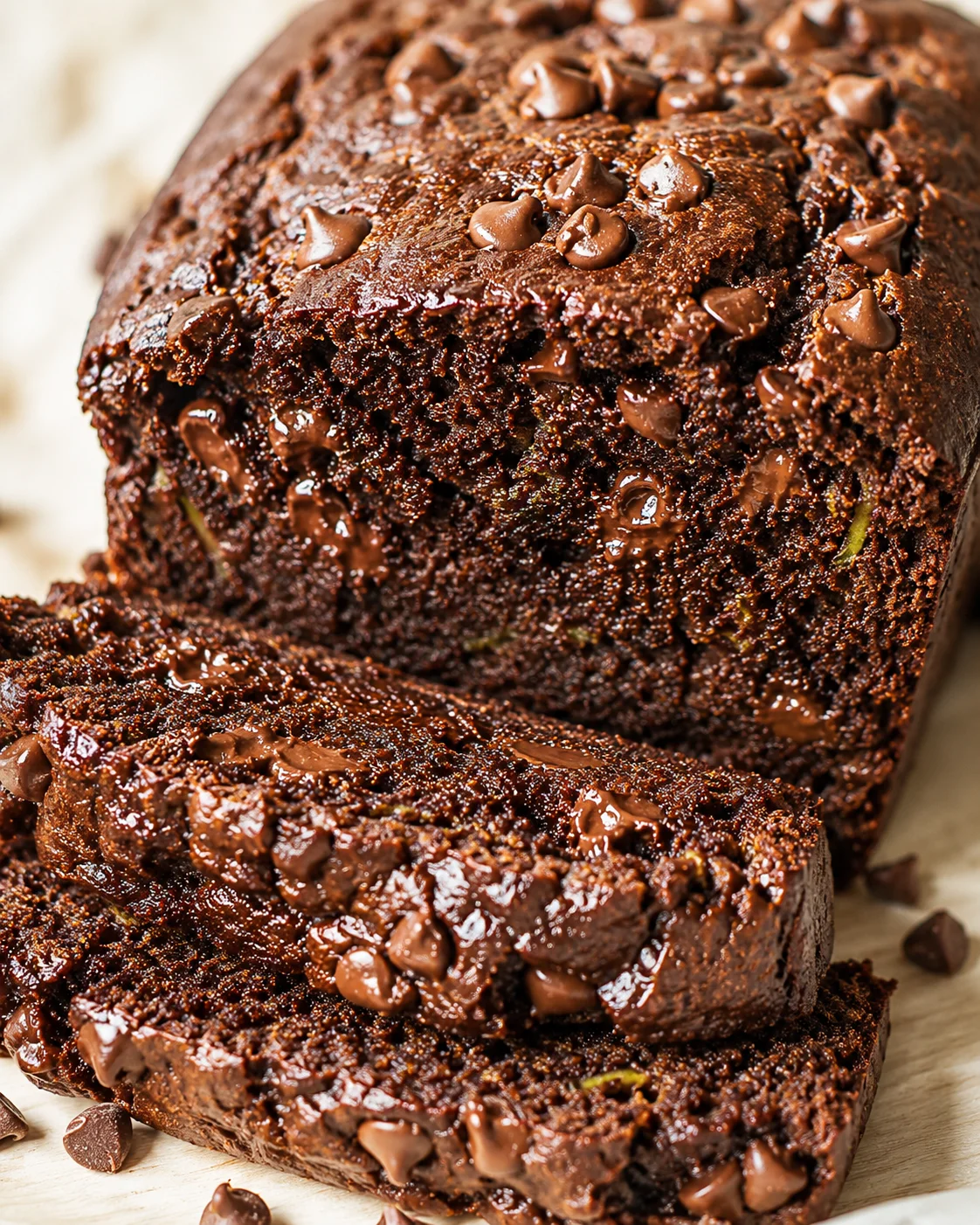 Dark chocolate loaf cake with melted chocolate chips, sliced to reveal dense, moist crumb.