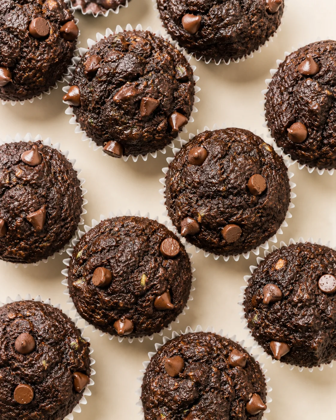 Top-down view of fudgy chocolate muffins with chips in white liners on a beige background