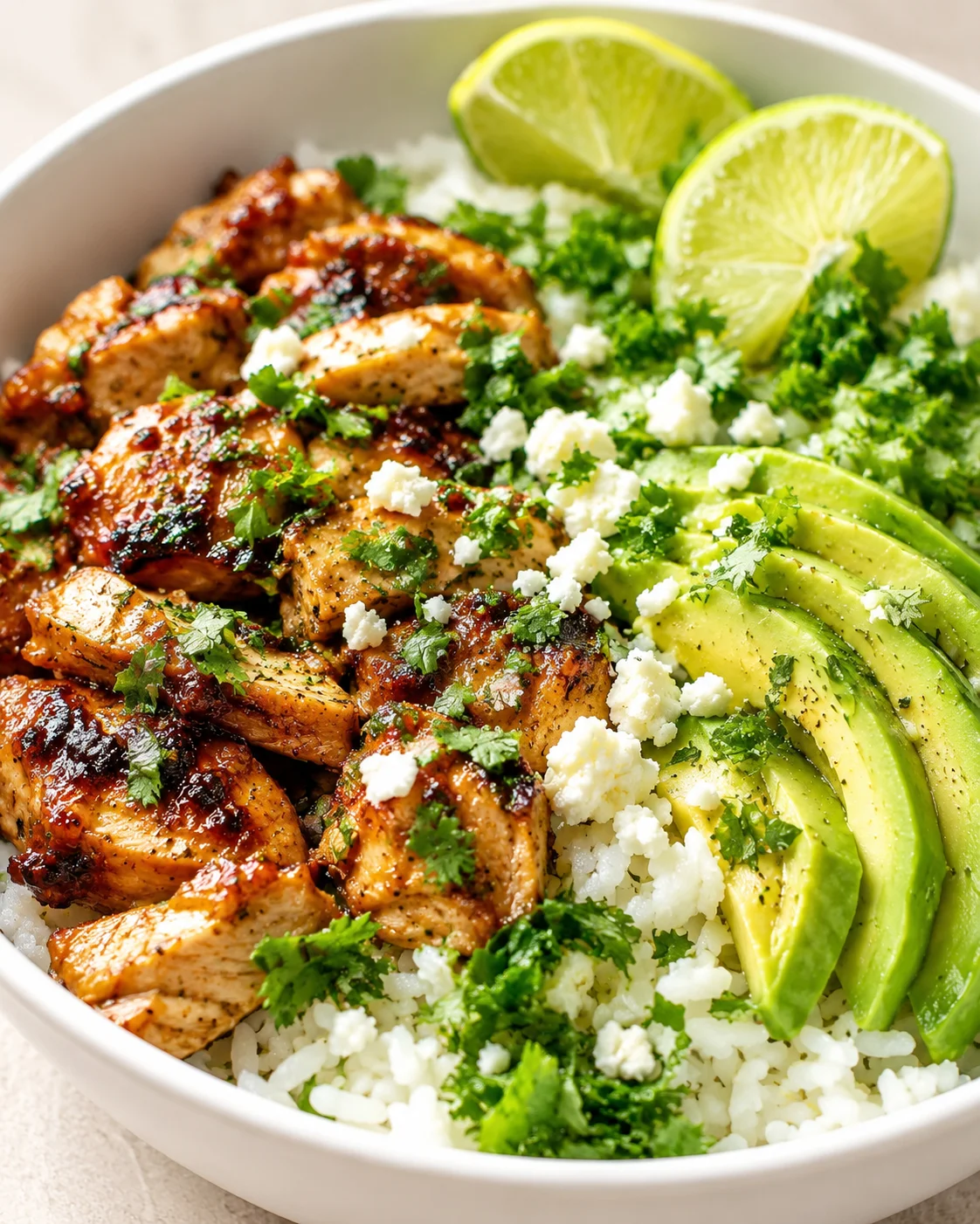 bowl of grilled chicken, avocado slices, lime wedges, cilantro, and crumbled cheese over white rice