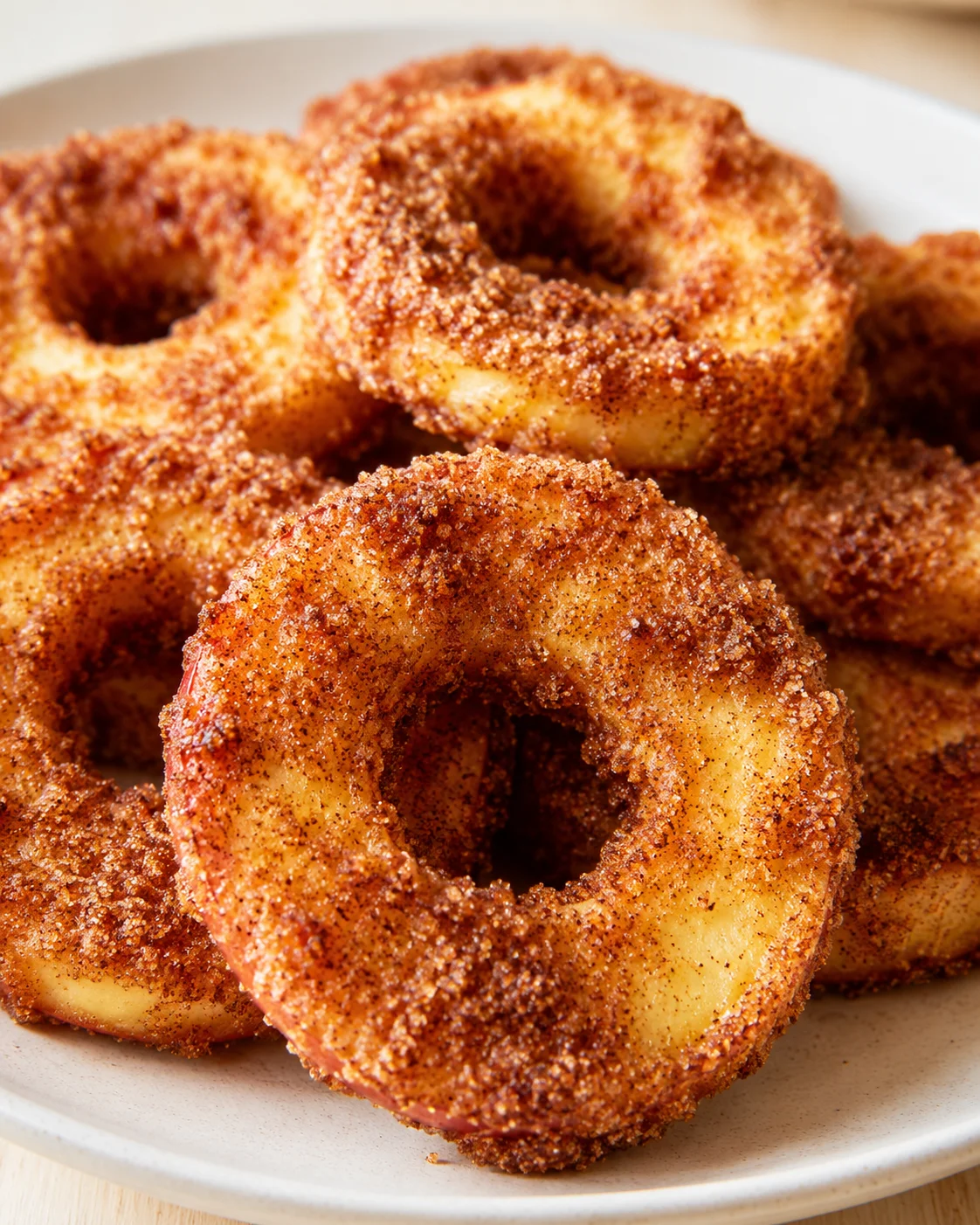 Close-up of cinnamon-sugar donuts piled on a light plate, golden brown and sugared.