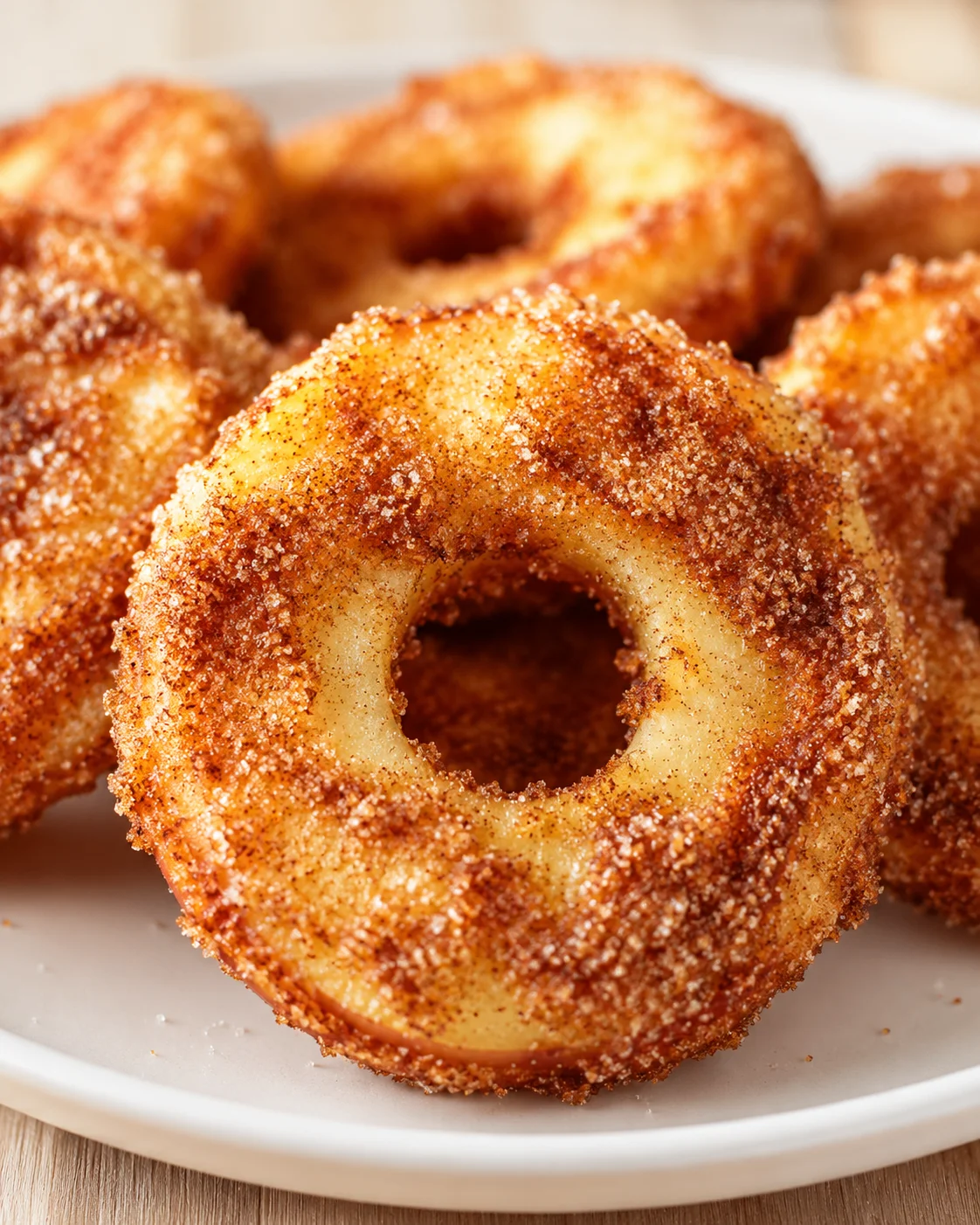 close-up of sugar-crusted cinnamon donuts on a white plate, warm golden-brown and crispy
