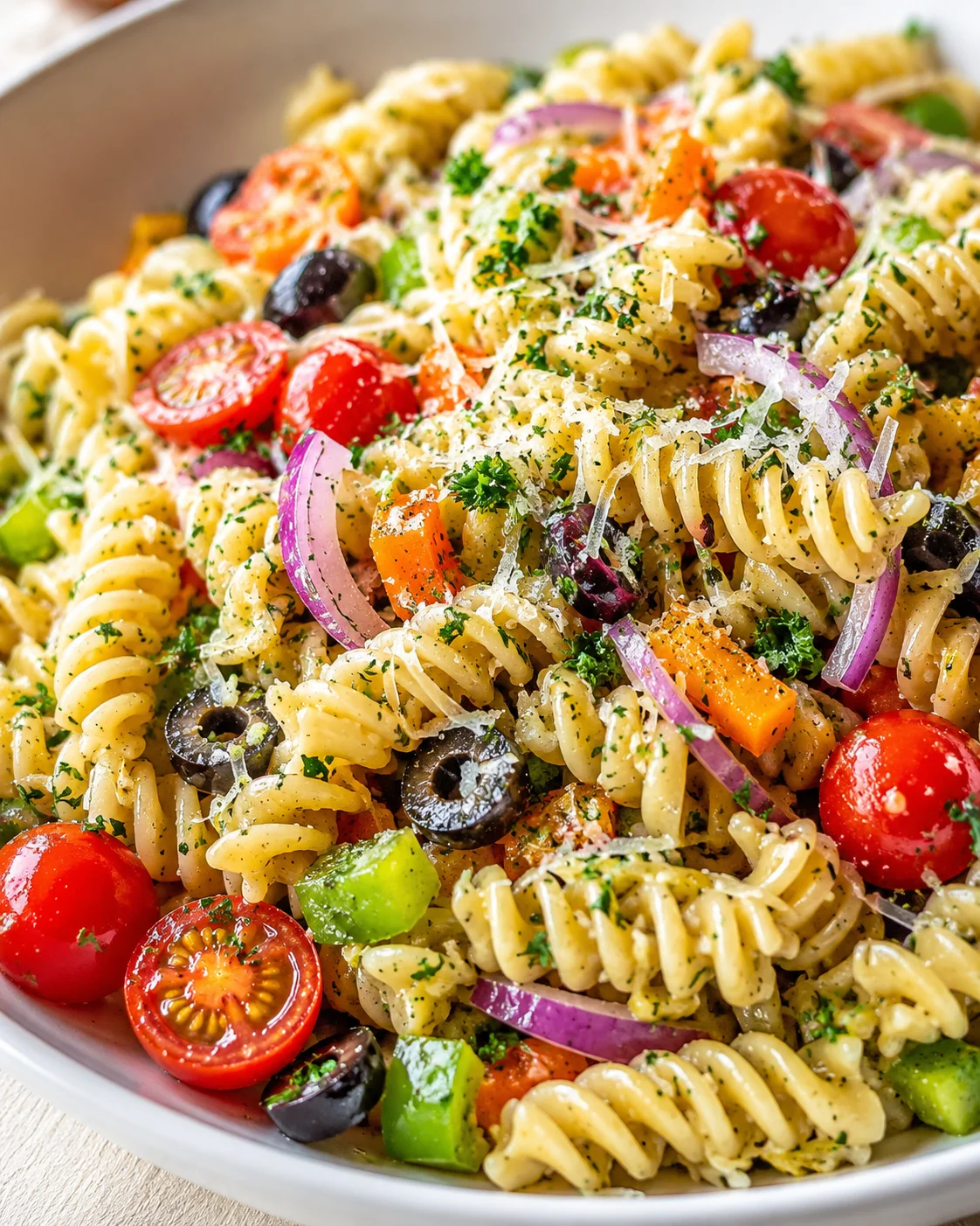 colorful fusilli pasta with cherry tomatoes, olives, red onion and bell peppers