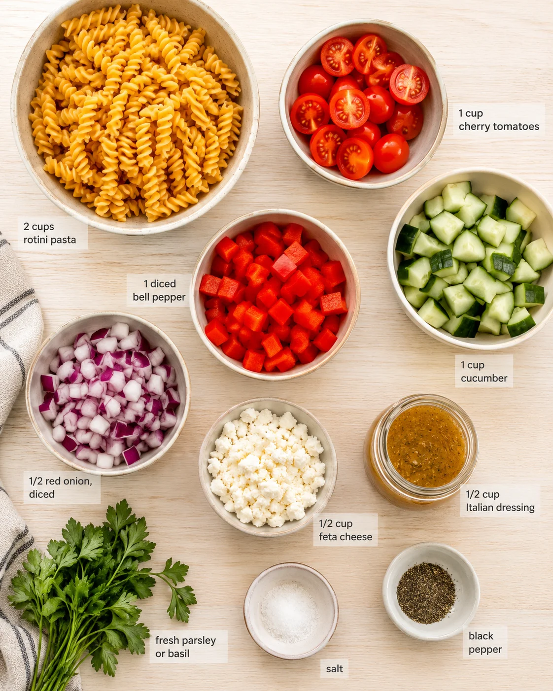 Overhead view of bowls with rotini pasta, tomatoes, cucumbers, peppers, onions, feta, and dressing, labeled with amounts.