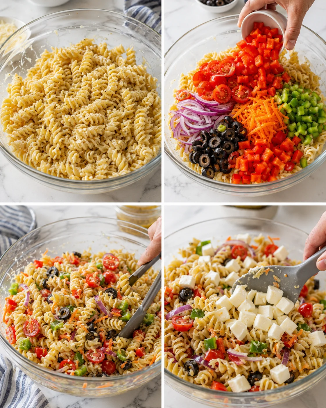 collage showing pasta salad prep with fusilli, colorful vegetables, and feta cheese
