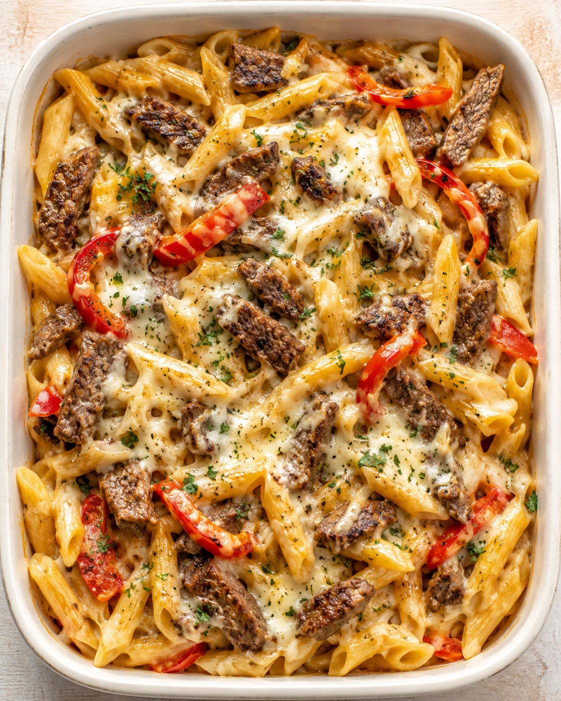 baked penne pasta with beef and red peppers in a white baking dish