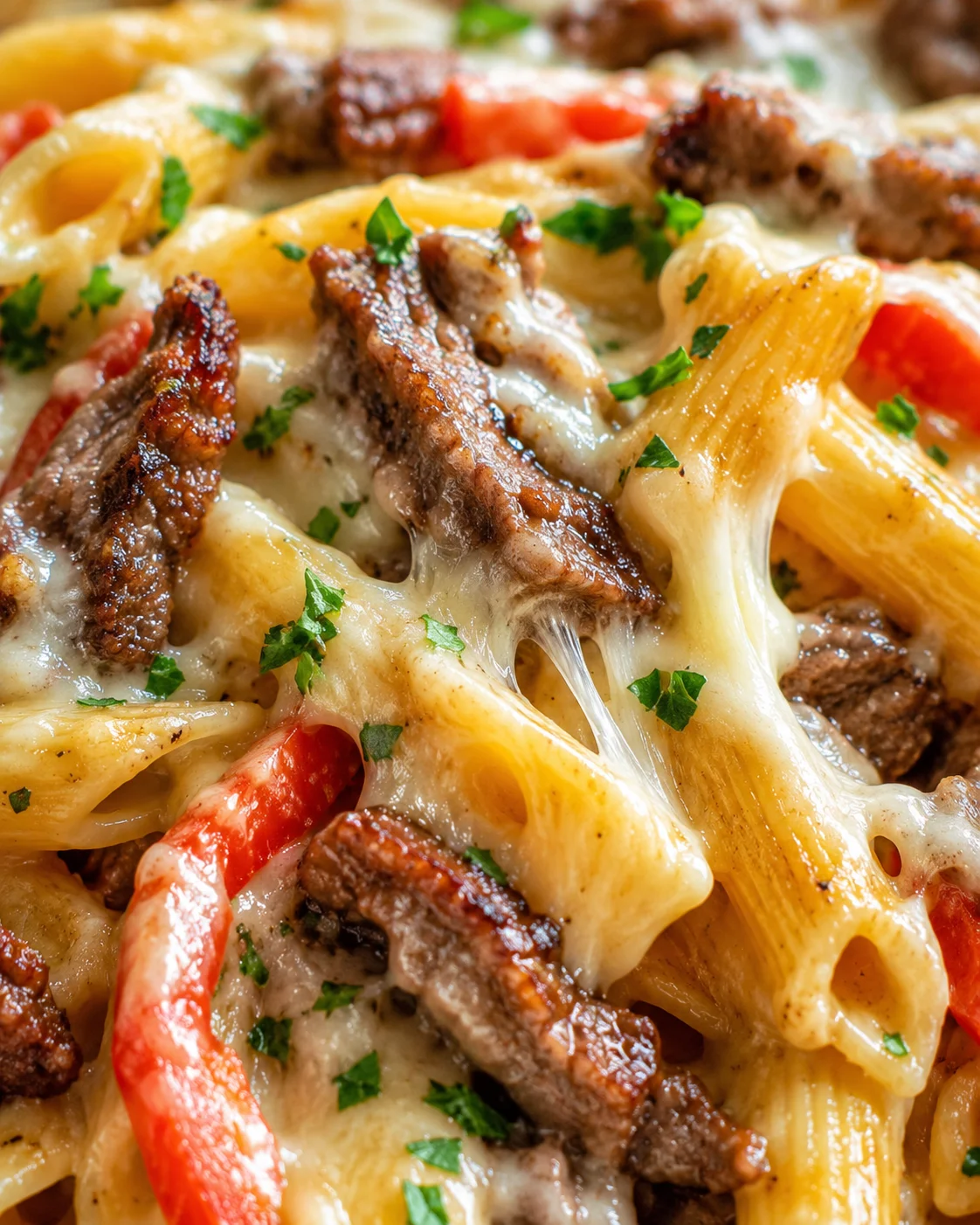 Close-up of cheesy beef penne pasta with browned steak, red peppers, and parsley.